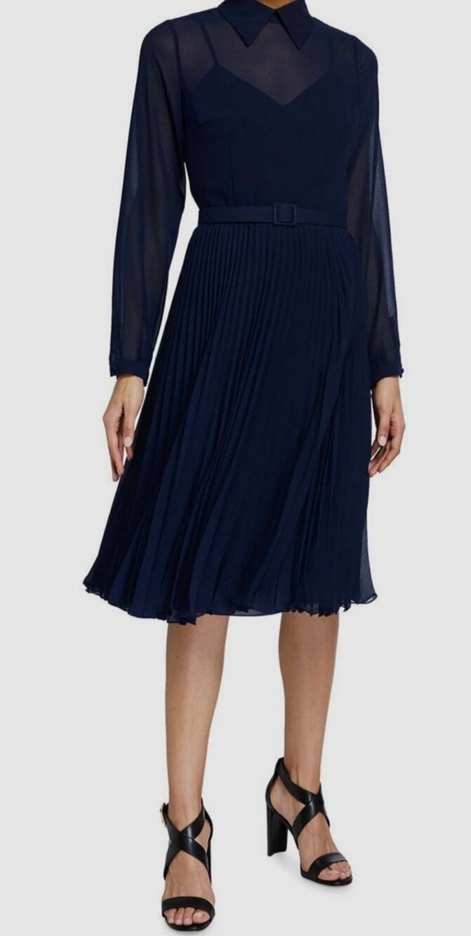 Mikael Aghal Pleated Crepe de Chine Navy Blue Sheer Pleated Skirt size 8